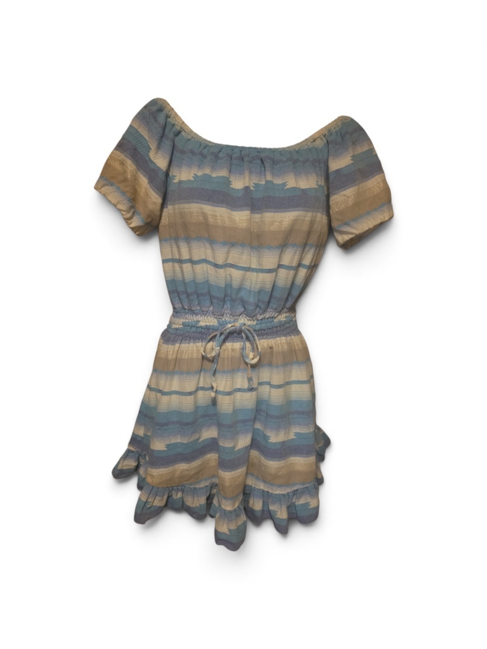 DREW Blue and Cream Striped Off-Shoulder Romper Dress